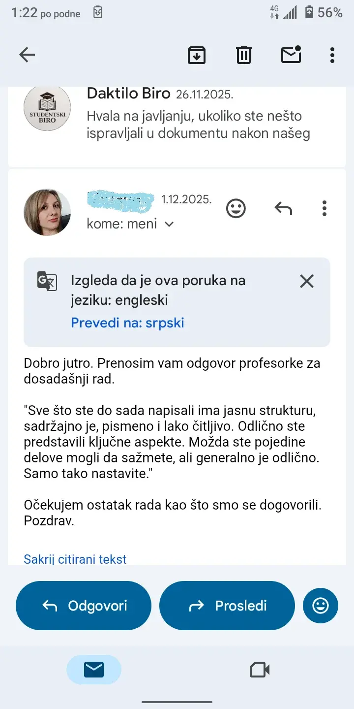 Iskustvo korisnika Studentskog Biroa nakon pozitivnog komentara profesora