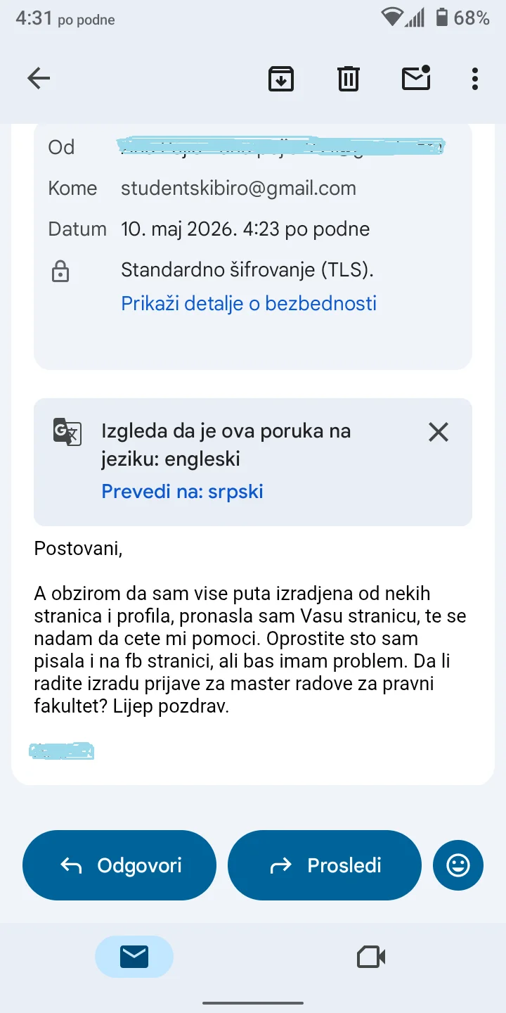 Upit korisnika za master rad na pravnom fakultetu